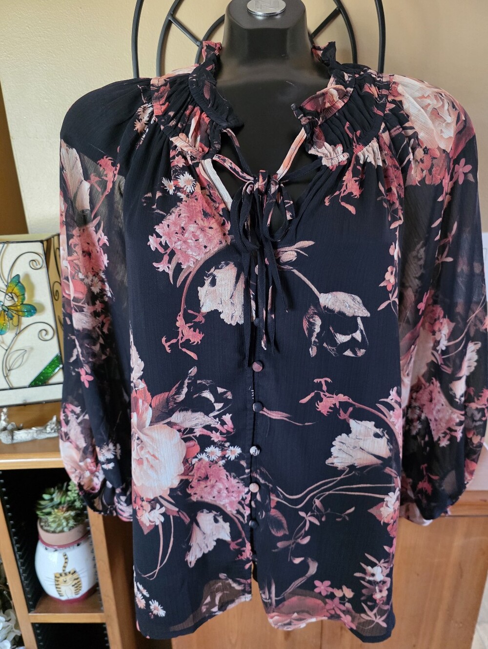 Haver London Floral Ruffled Tie-Neck Blouse Balloon Semi-Sheer Sleeves Size L